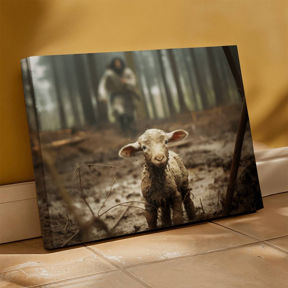 Jesus Chasing Lost Lamb Premium Gallery Wrapped Canvas Wall Art with Hanging System