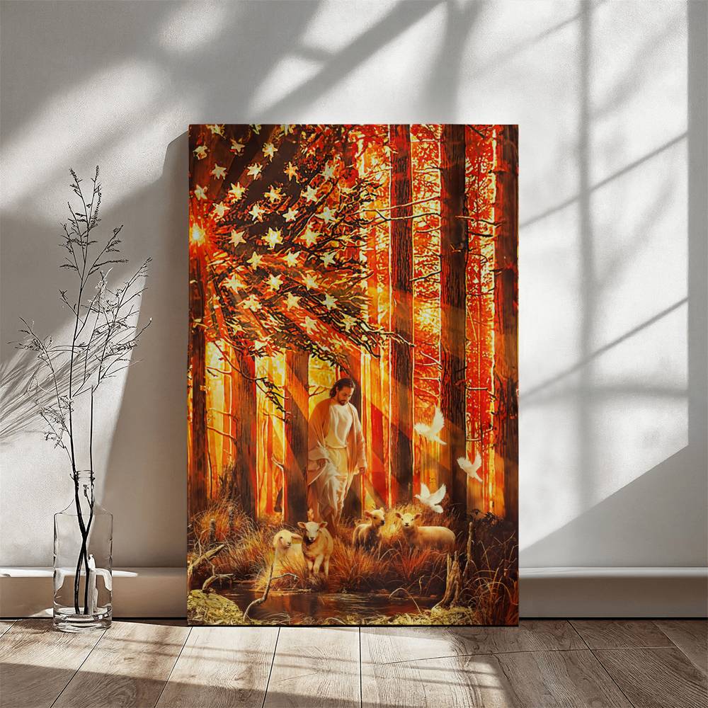 Jesus Walking With The Lambs - Gallery Wrapped Canvas Wall Art (Giclée Design)
