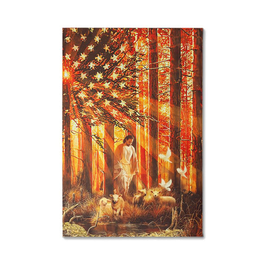 Jesus Walking With The Lambs - Gallery Wrapped Canvas Wall Art (Giclée Design)